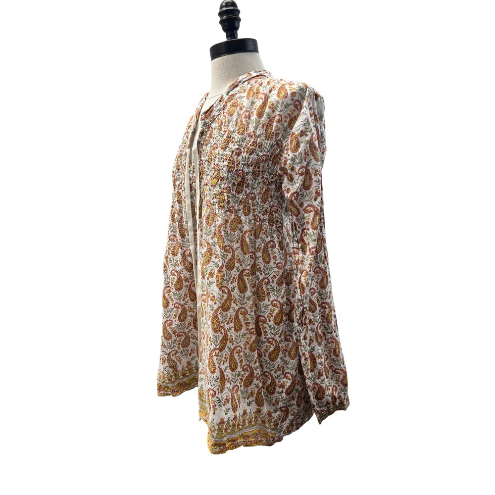 Gypsy 05 Blouse Womens Small Orange Paisley Excellent Smocked Tassel‎ Tie Top